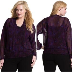 NWOT MICHAEL KORS Top 3X Purple Merlot Peacock Sheer V-Neck-Tie Bow Balloon-Slev